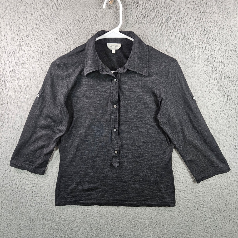 MaxMara Women's Charcoal Gray Button Front 3/4 Sleeve Collared Shirt Size L
